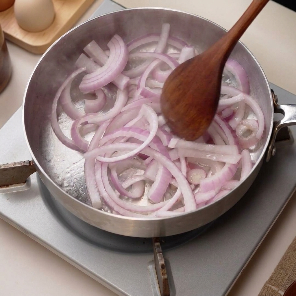 Tranches doignon en train dêtre sautées dans une poêle chaude.