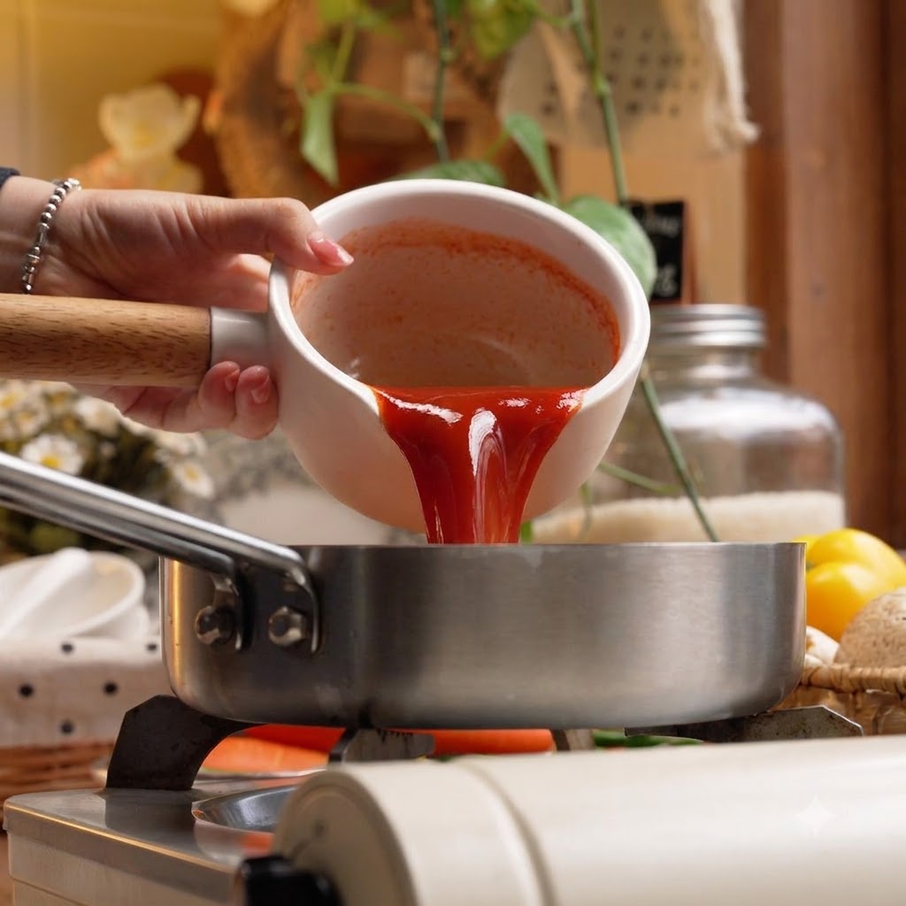 Épaisse sauce au piment coréenne rouge versée dune pichet en céramique blanche dans une poêle de cuisson.
