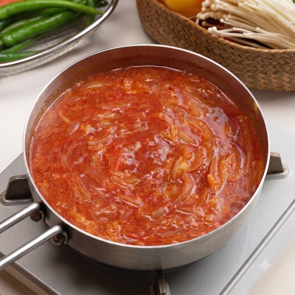 Une poêle remplie de bouillon de kimchi rouge frémissant entourée dingrédients frais comme des champignons enoki et des piments frais.
