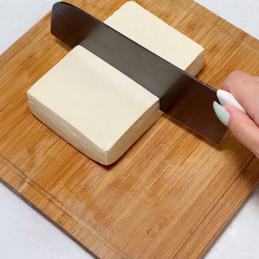 Un bloc de tofu ferme coupé en morceaux égaux sur une planche à découper en bois.