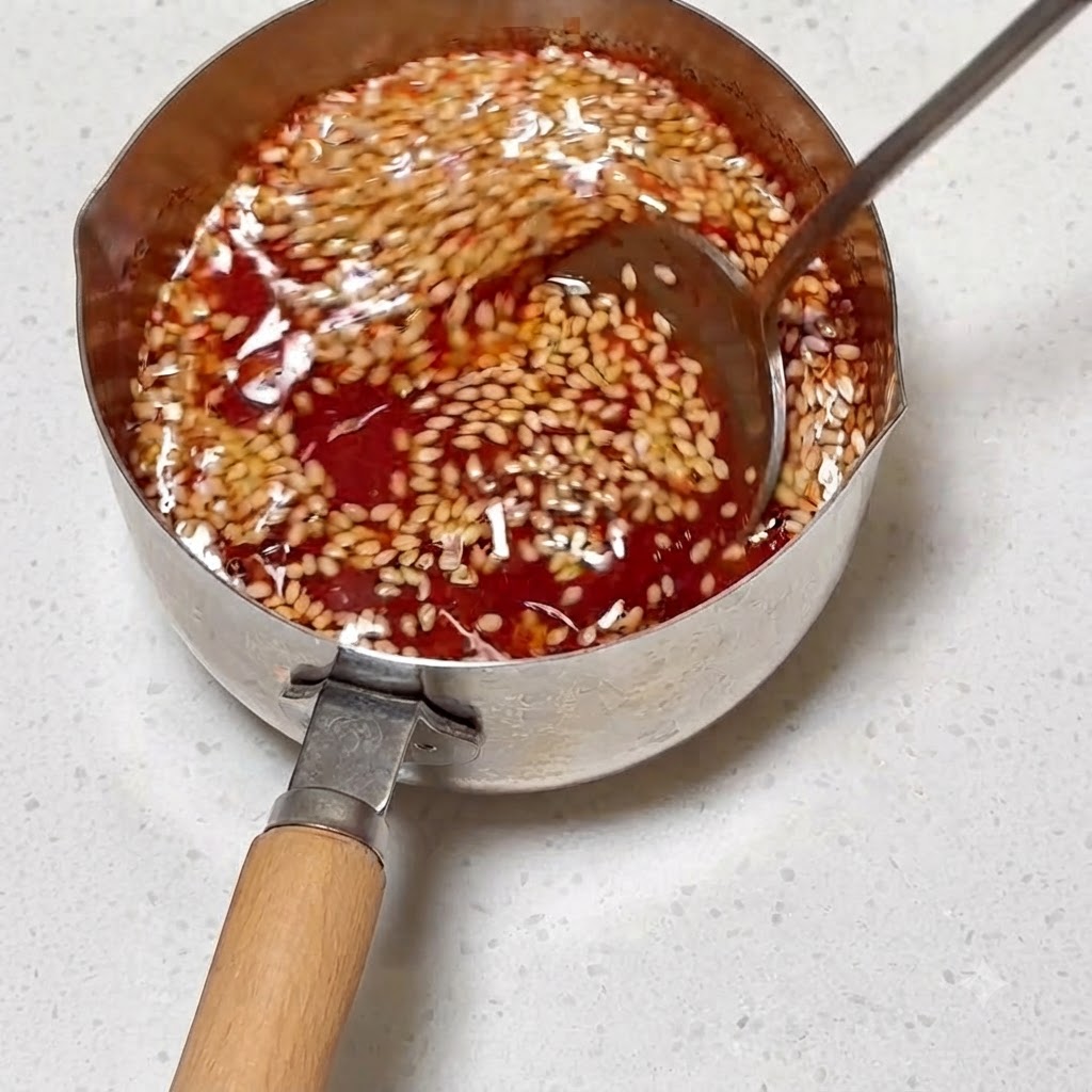 Les ingrédients de la sauce mélangés dans un récipient en métal à laide dune cuillère.