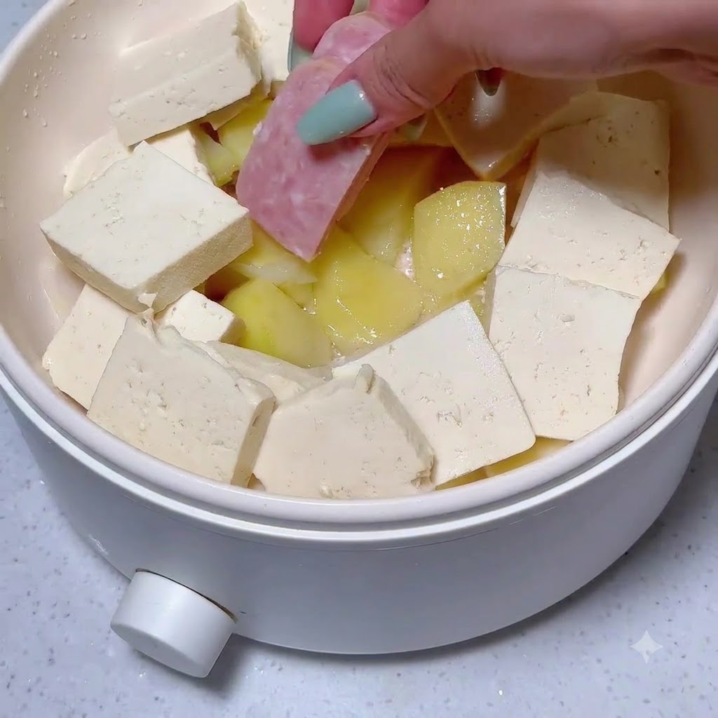 Des tranches de luncheon meat ajoutées entre les autres ingrédients dans la marmite.