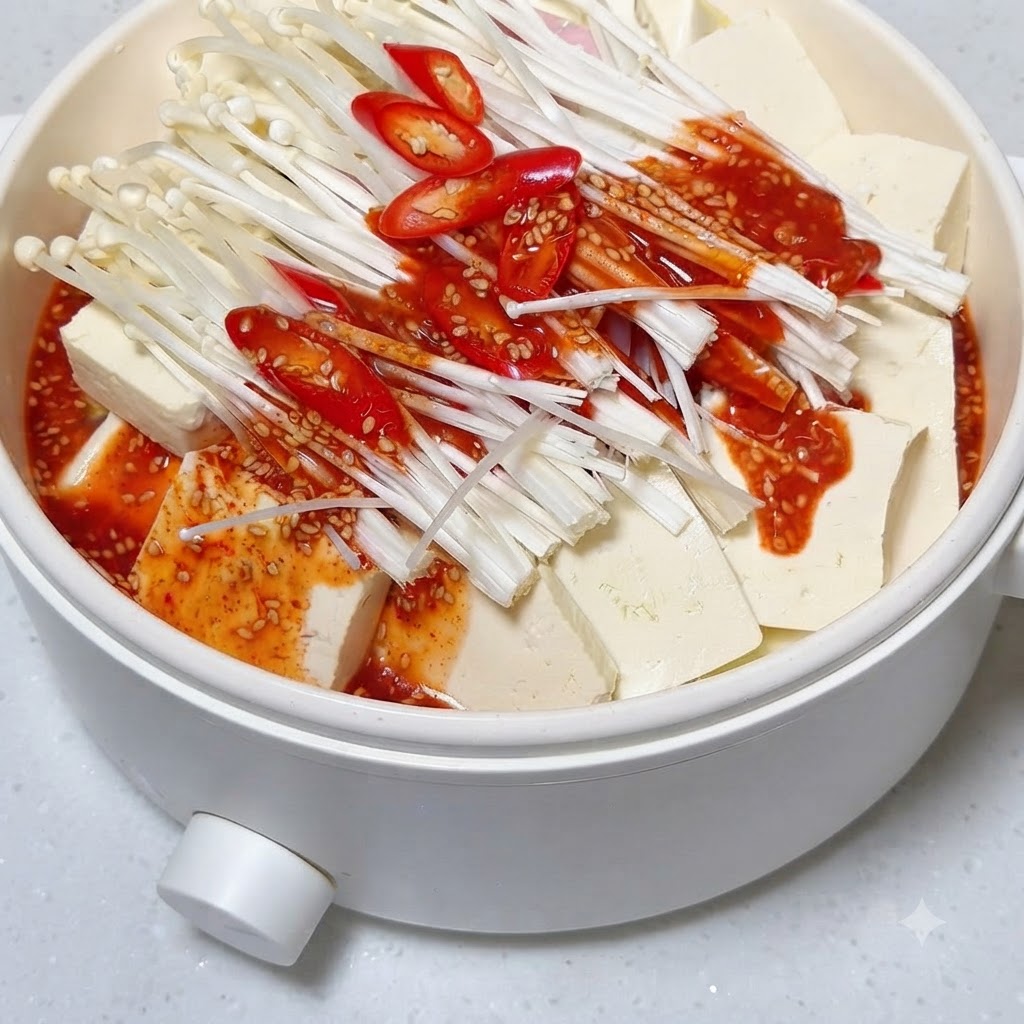 Une sauce épicée rouge avec des graines de sésame versée sur le tofu et les champignons dans la marmite.