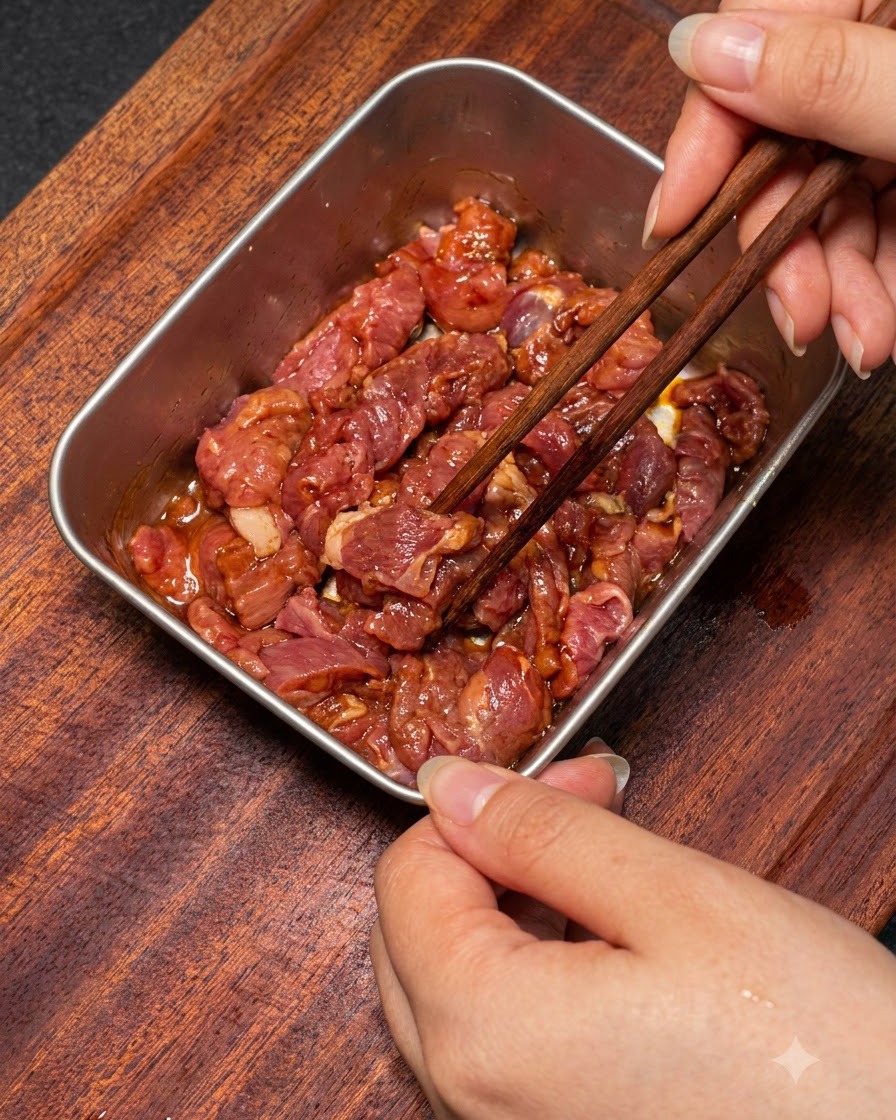 Mains utilisant des baguettes en bois pour mélanger les tranches de bœuf crues avec la marinade.