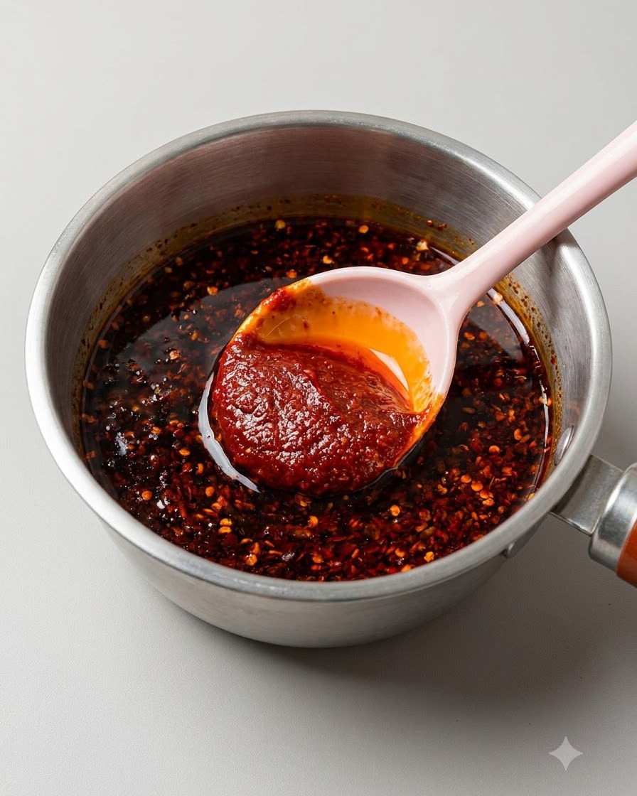 Une cuillère rose soulevant un mélange de sauce pimentée rouge vif et épaisse.