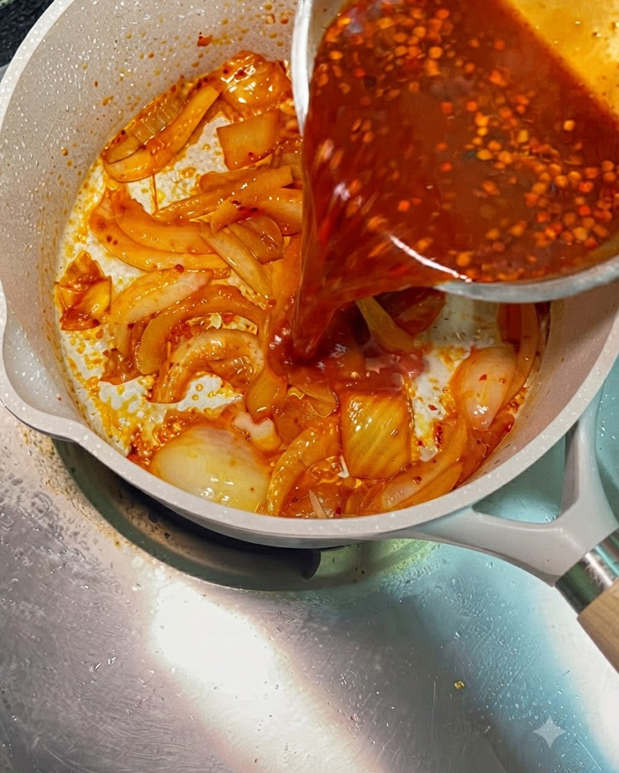 Sauce pimentée rouge versée sur des oignons et du kimchi sautés dans une poêle.