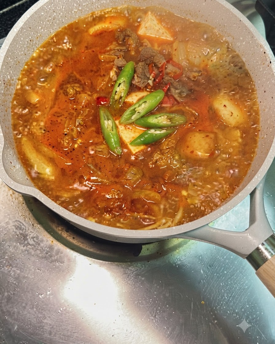 Rondelles de piments vert et rouge flottant sur une marmite bouillonnante de soupe de bœuf au kimchi.