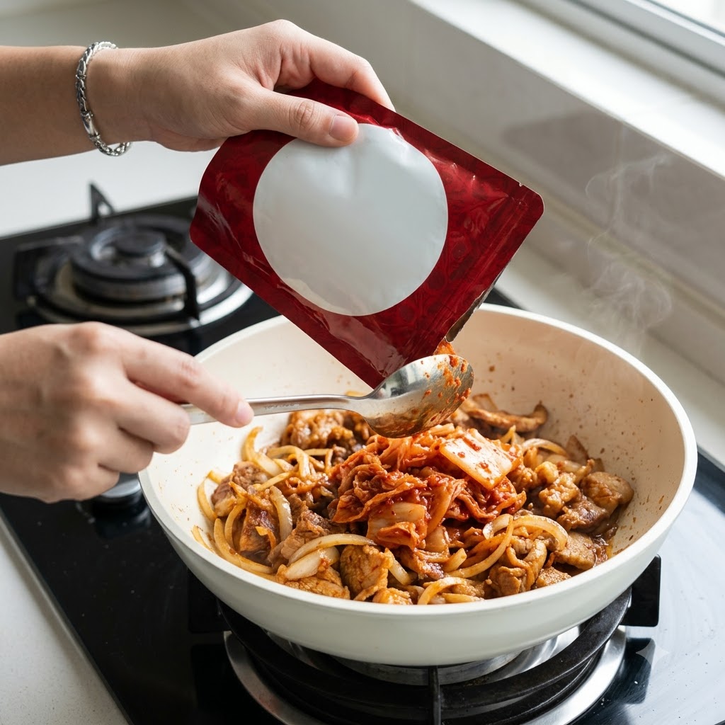 Du kimchi versé dun sachet rouge dans la poêle.