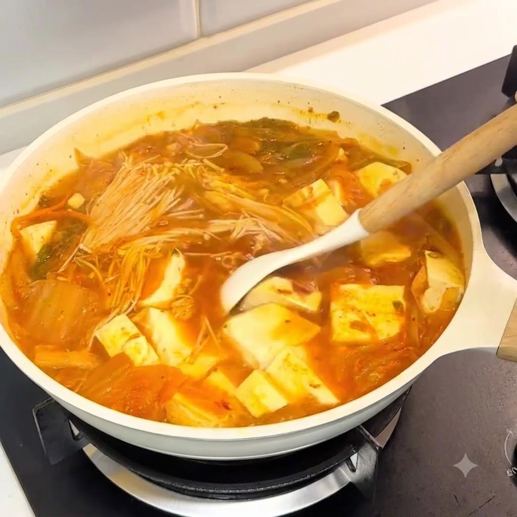 Une louche blanche remuant une casserole de soupe bouillante sur la cuisinière.