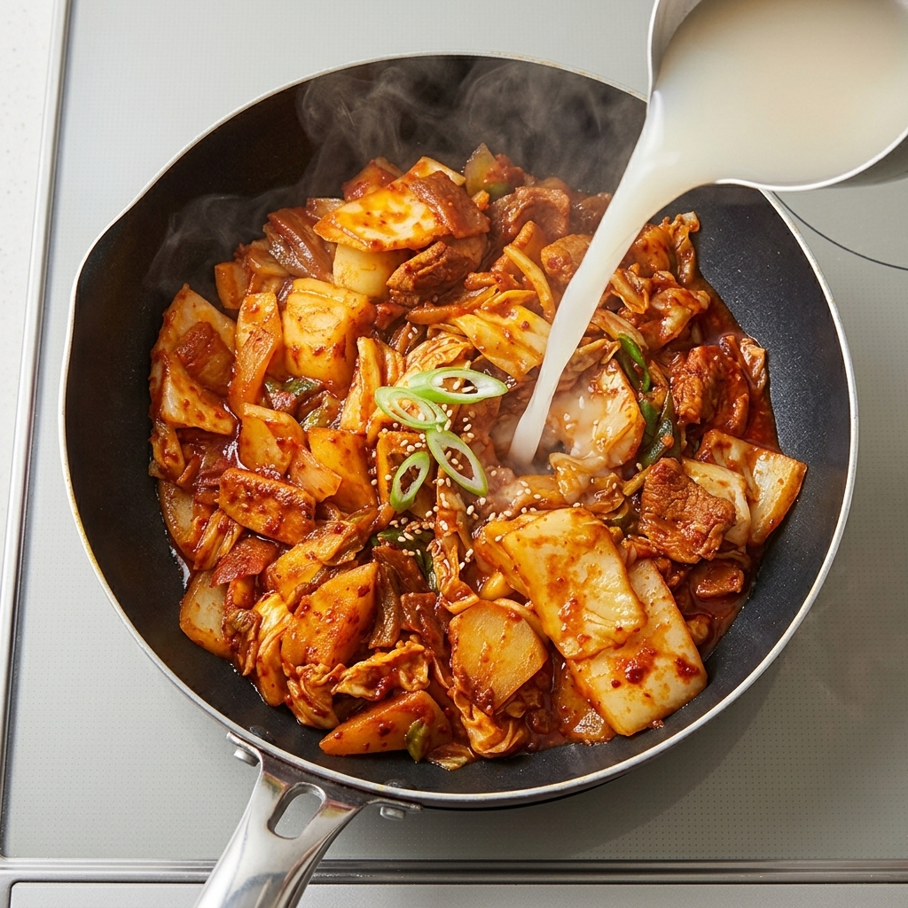 Eau de riz versée dans la poêle bouillante sur le kimchi et le bœuf.