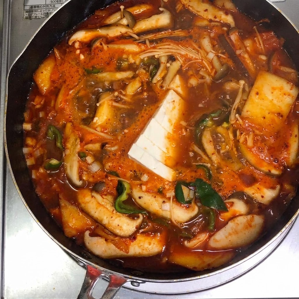 Tranches de tofu blanc ferme soigneusement placées au centre dune casserole de soupe au kimchi rouge bouillante.