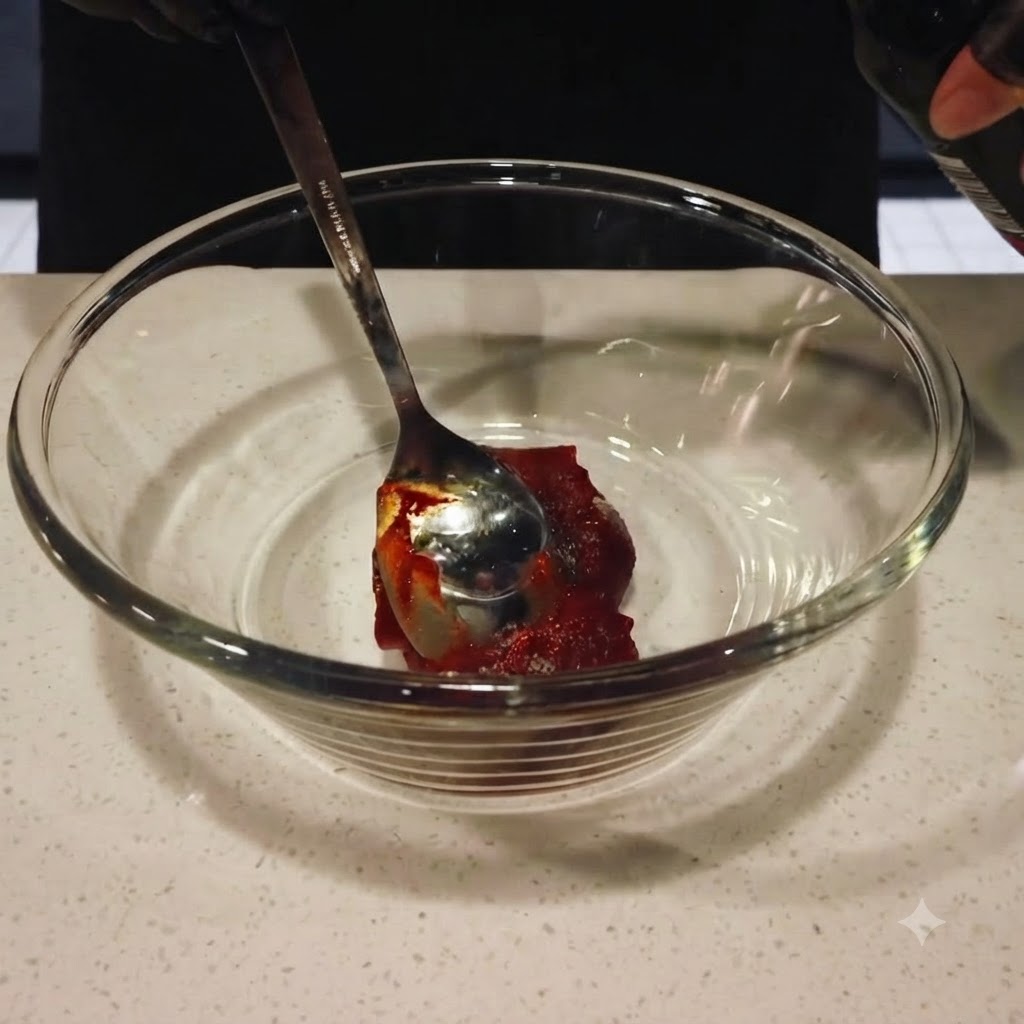De la sauce soja foncée versée dune bouteille dans le bol en verre contenant la pâte de piment rouge.