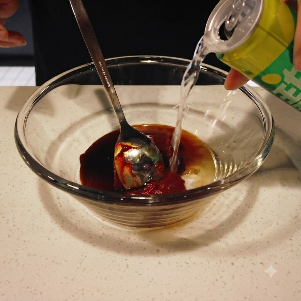 Du Sprite versé dune canette dans le bol en verre avec le mélange de sauce.