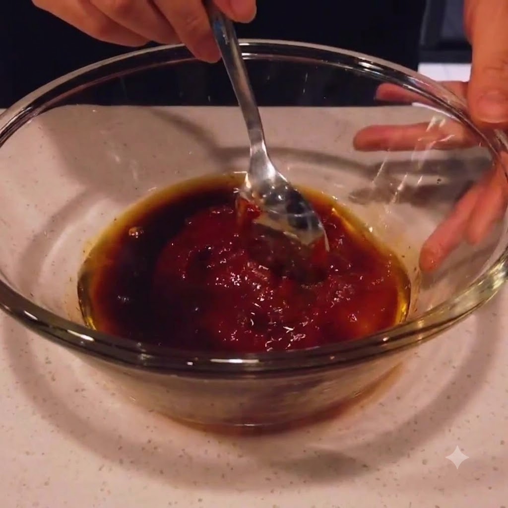 Les ingrédients de la sauce soigneusement mélangés avec une cuillère dans le bol en verre.