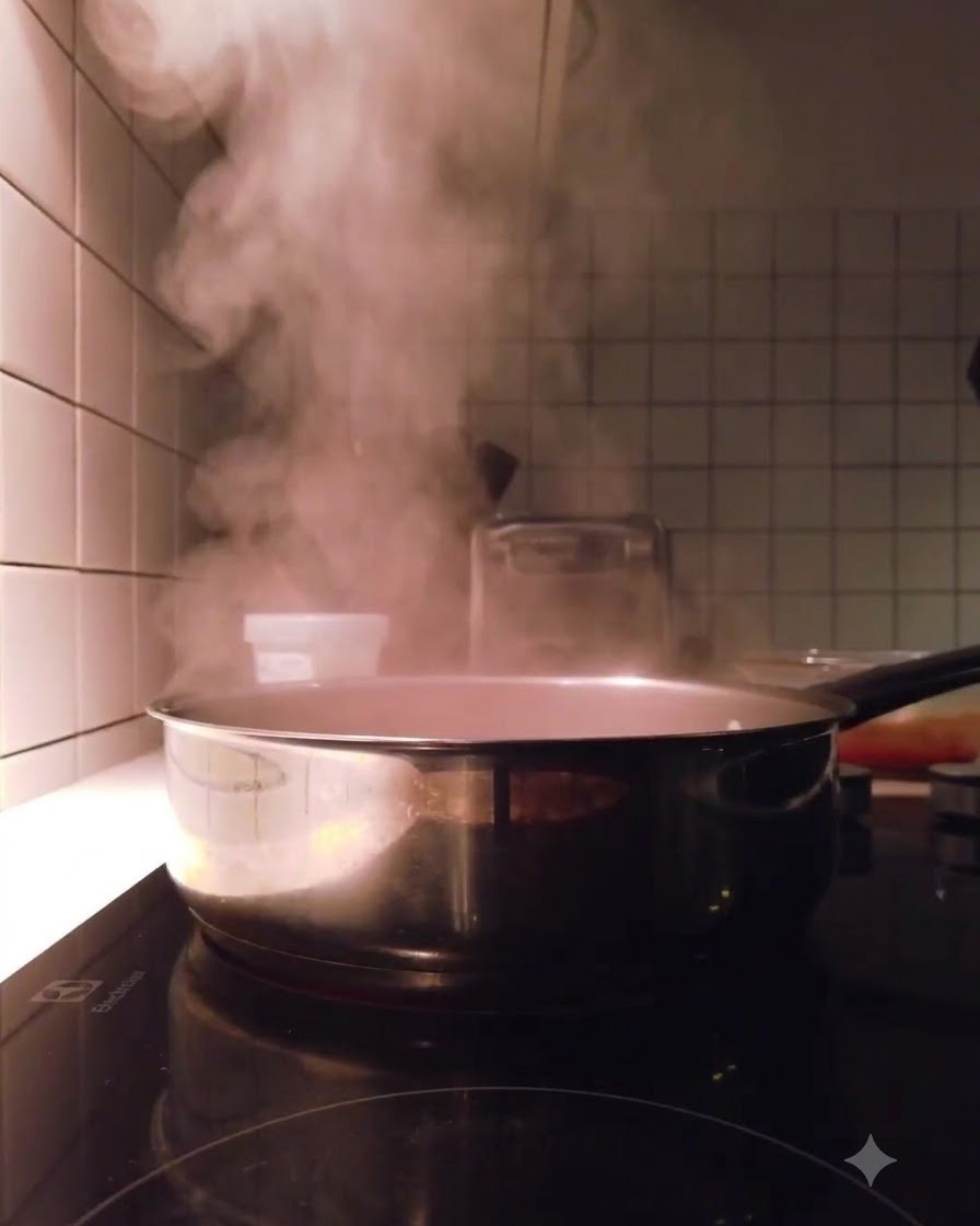 Un sachet de kimchi vidé dans une casserole deau bouillante sur la cuisinière.