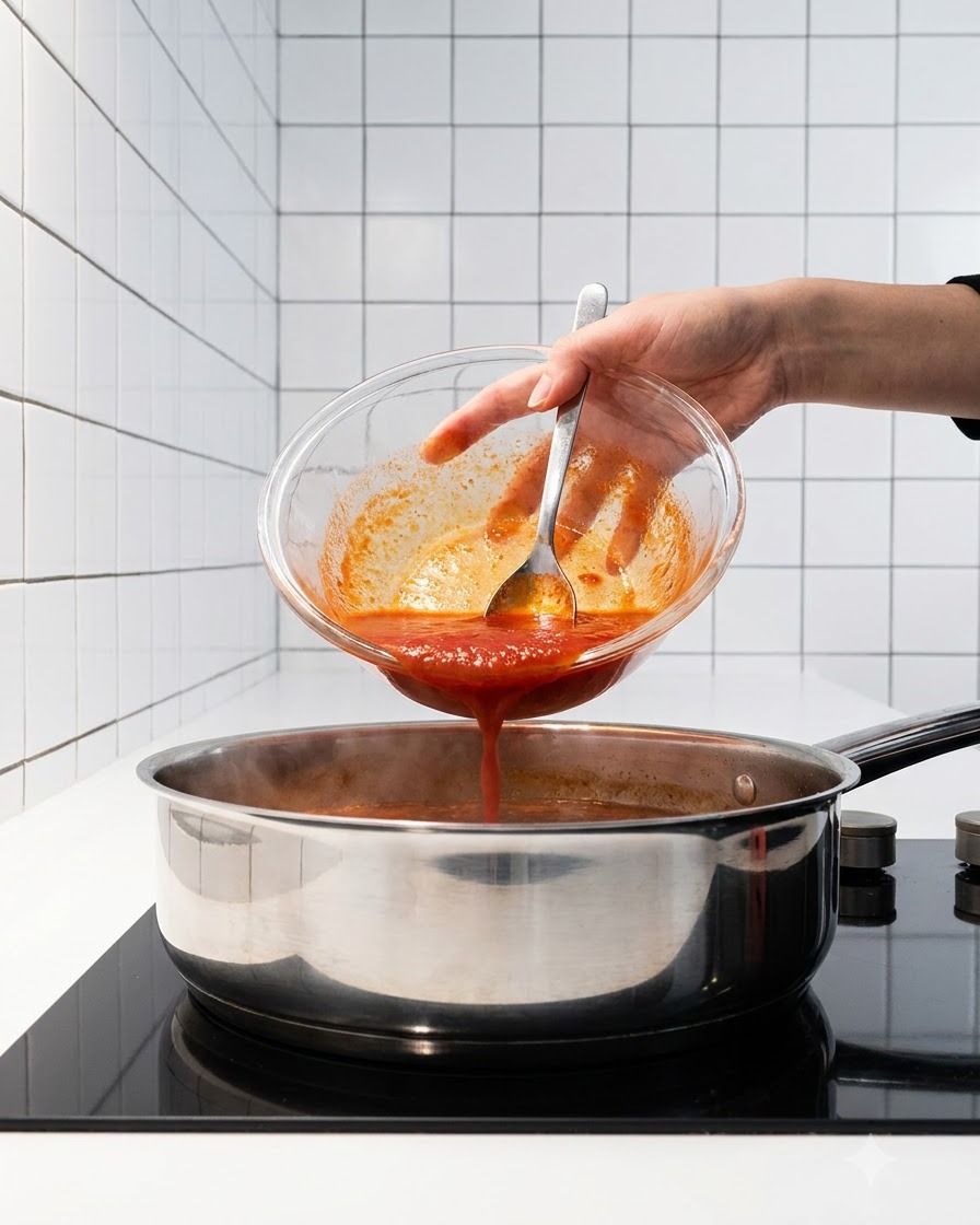 Le mélange de sauce préparé versé dun bol en verre dans la casserole avec leau de kimchi bouillante.