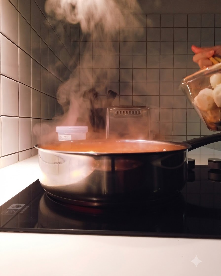 Boulettes de tendon de bœuf, boulettes de poisson et gâteaux de riz au fromage ajoutés avec des baguettes dans une casserole de bouillon bouillant.