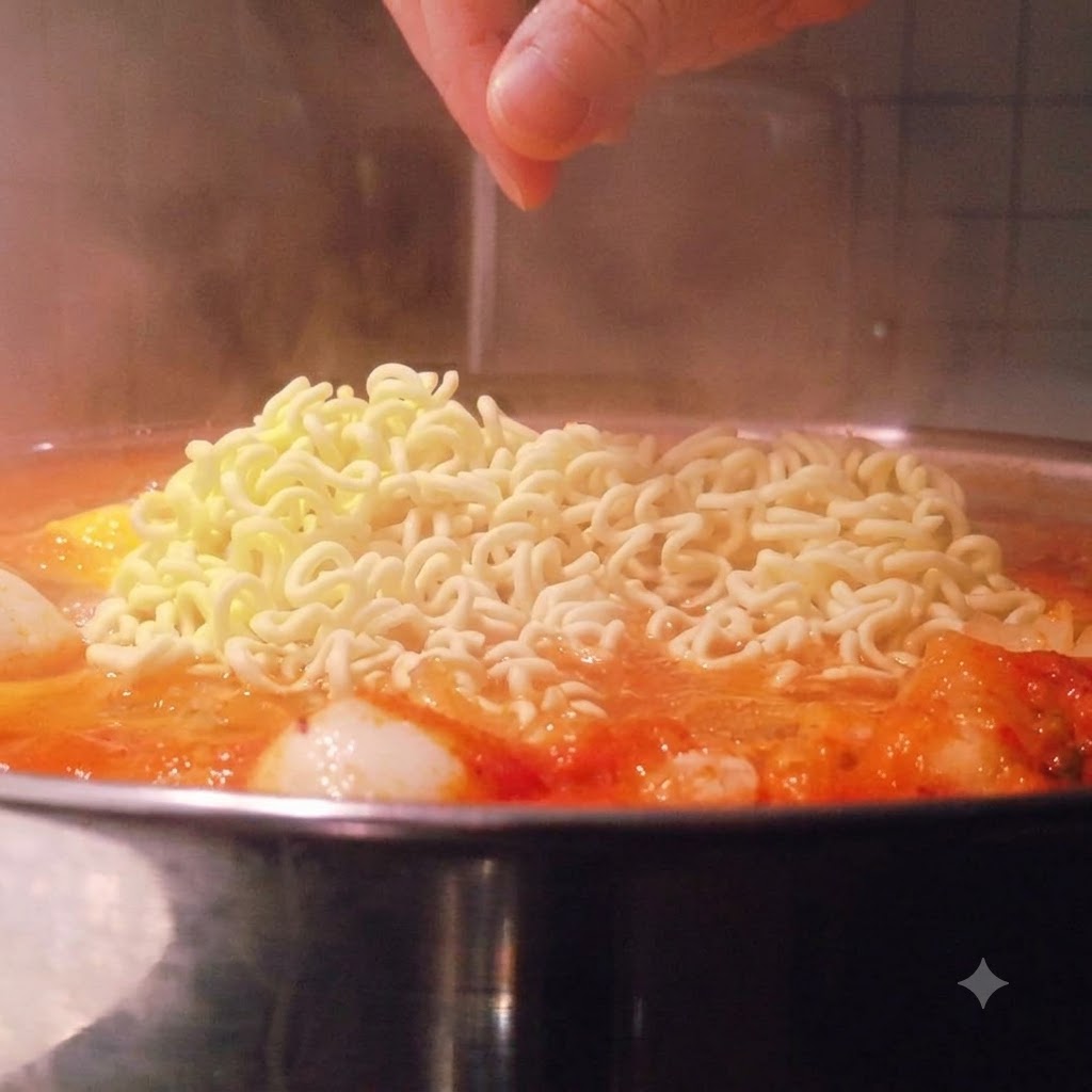 Un bloc de nouilles ramen instantanées placé dans la casserole de soupe rouge bouillonnante.