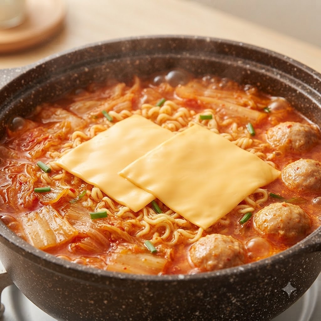 Deux tranches de fromage placées sur le dessus des nouilles ramen en train de cuire dans la casserole.
