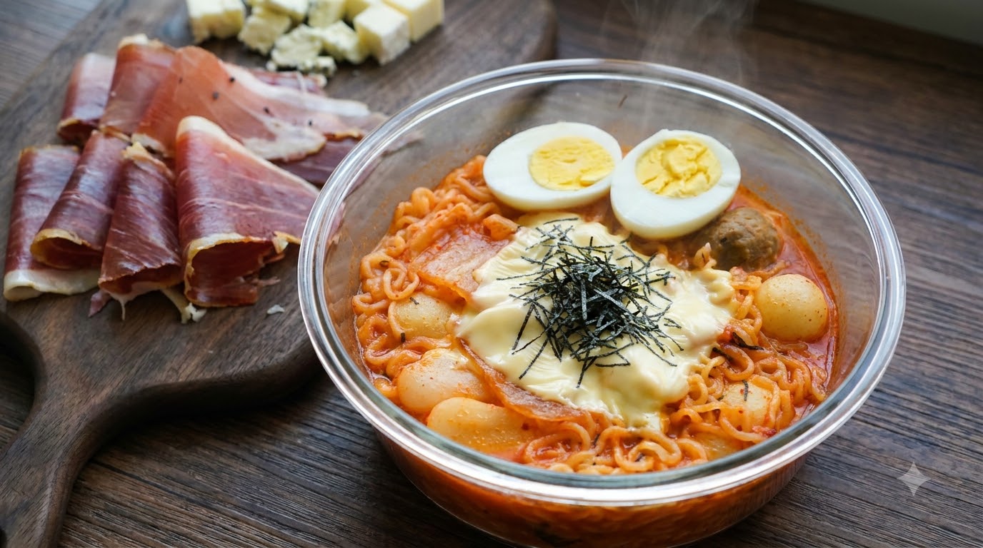 Un bol en verre de soupe de kimchi et gâteaux de riz bouillonnante garnie de fromage fondu, dœufs durs et de lanières dalgues, servi avec de la charcuterie et du fromage.