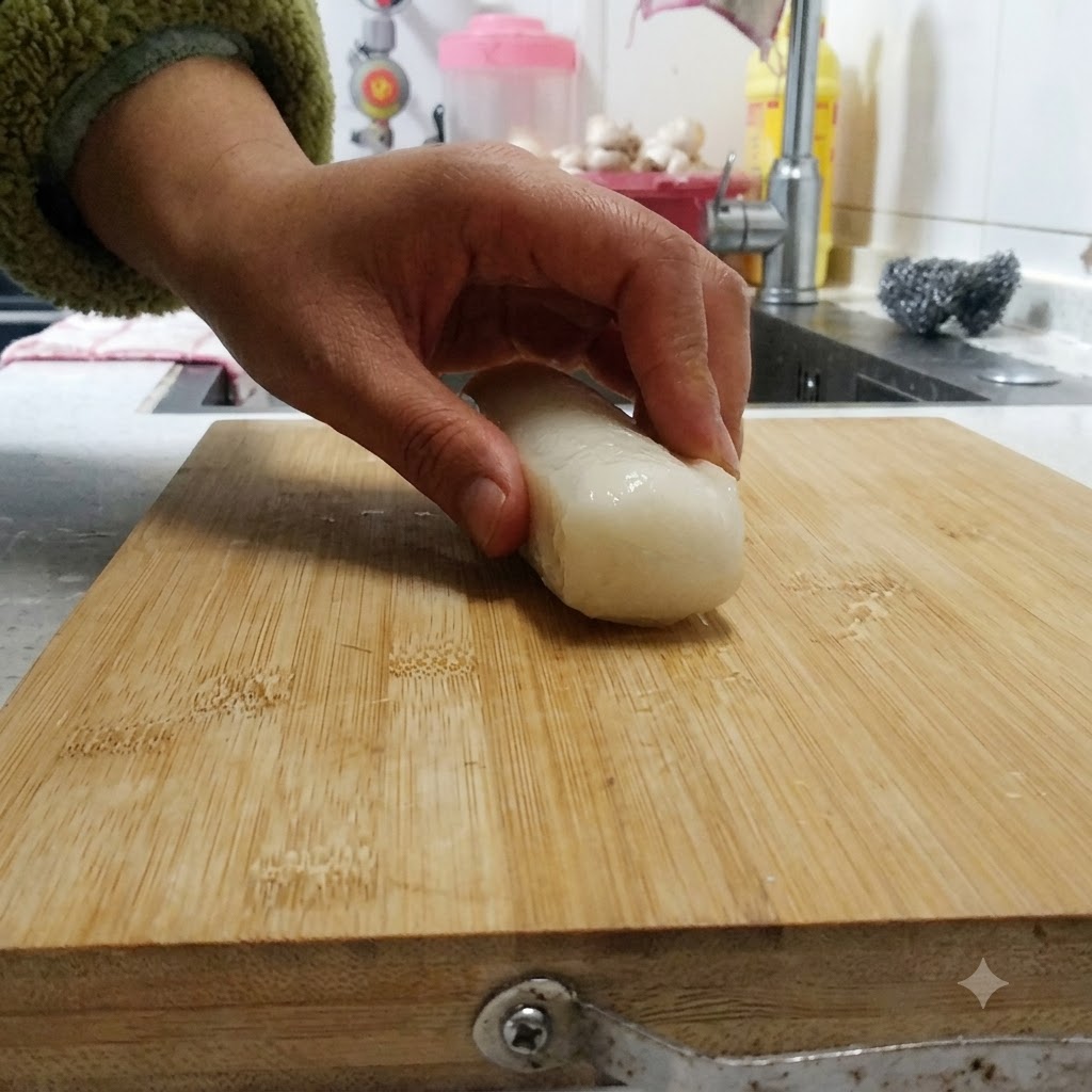 Vue rapprochée dun grand gâteau de riz coupé régulièrement sur une planche à découper en bois à laide dun grand couteau de cuisine.