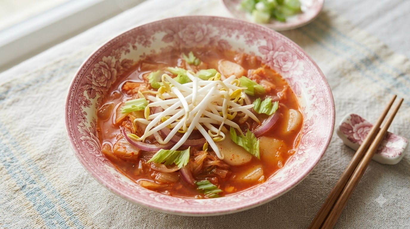 Soupe de Gâteaux de Riz au Kimchi Épicée (Tteokguk)