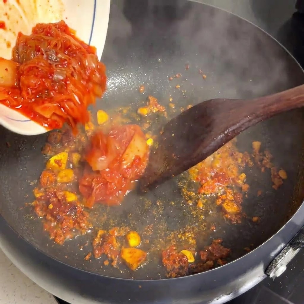 Du bœuf cru finement émincé ajouté dans une poêle avec des tomates et des oignons.