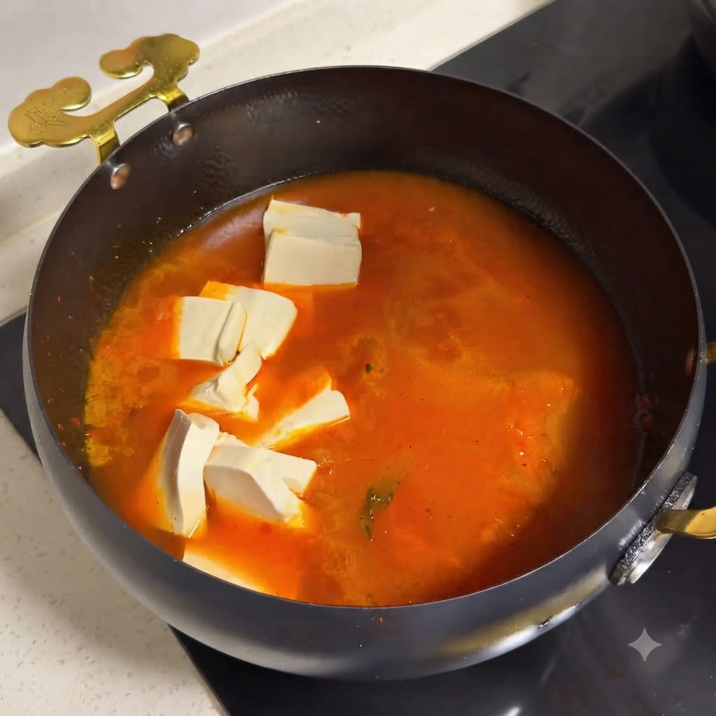 Une sauce brune savoureuse versée dans une poêle contenant du bœuf et des tomates.