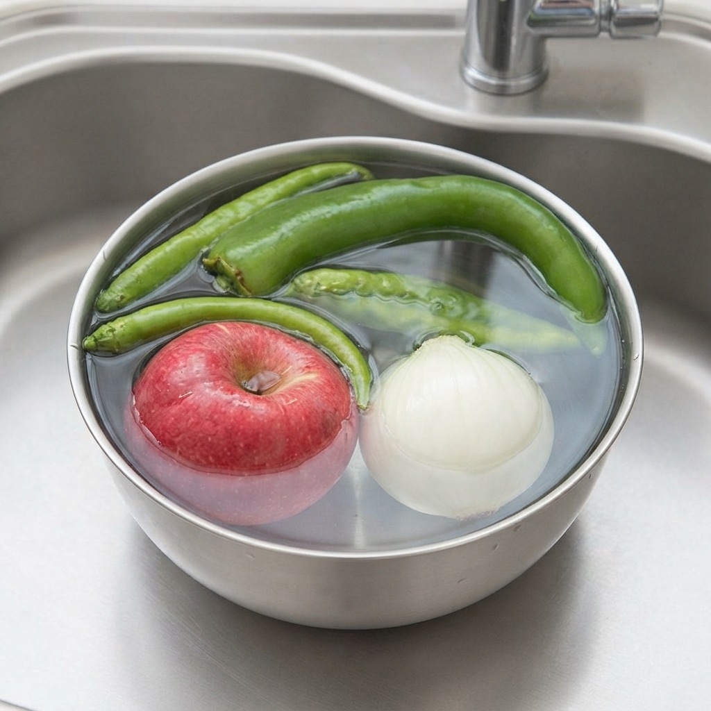 Poivrons verts, une pomme et un oignon submergés dans un bol en métal rempli deau dans un évier de cuisine.