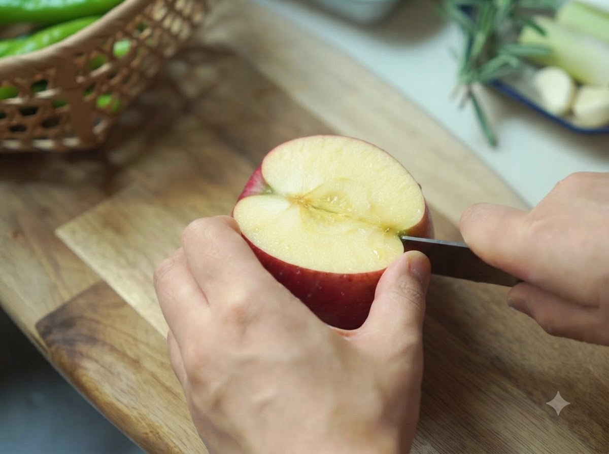 Une pomme en train dêtre coupée sur une planche à découper en bois avec un couteau tenu à la main.