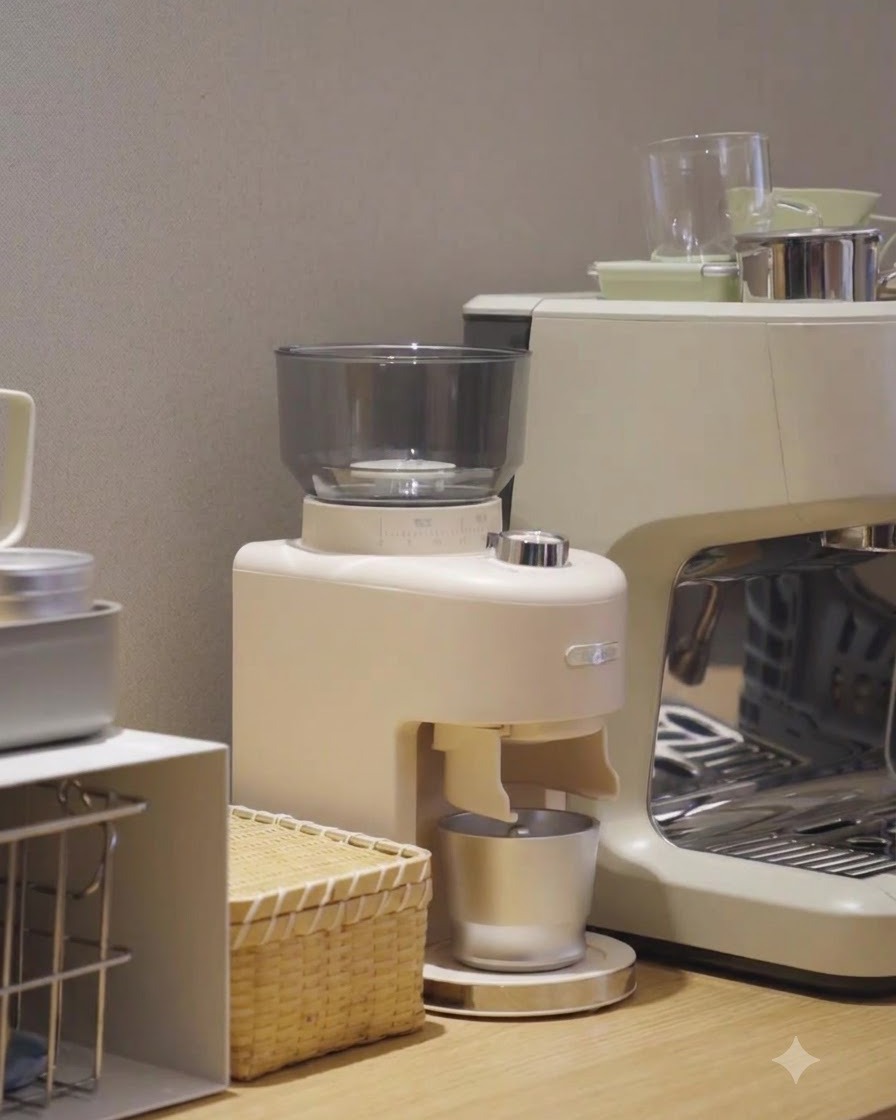 Un moulin à café beige posé sur un comptoir de cuisine à côté dune machine à espresso.