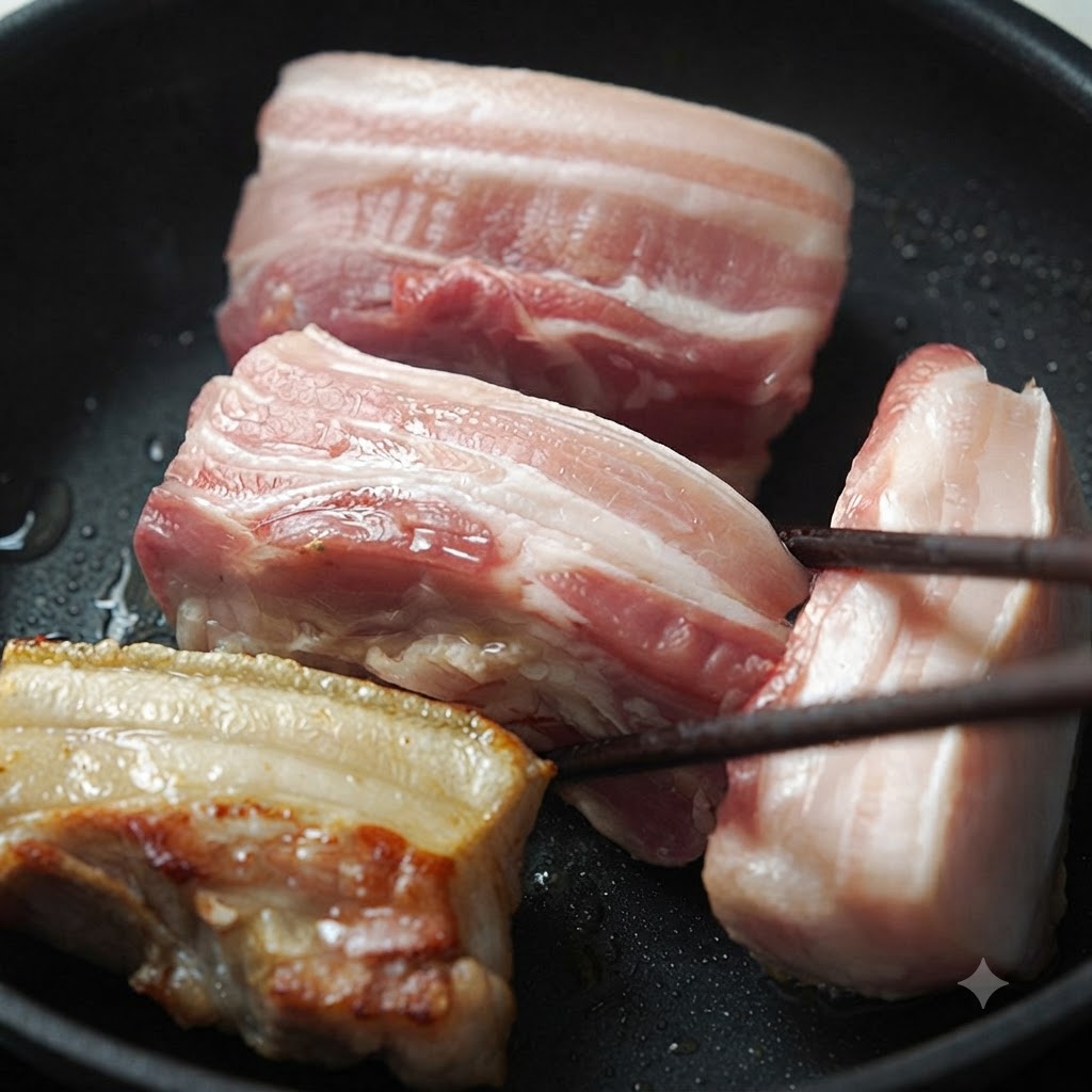Plusieurs morceaux de poitrine de porc retournés avec des baguettes dans une poêle, lun deux affichant une croûte dorée.