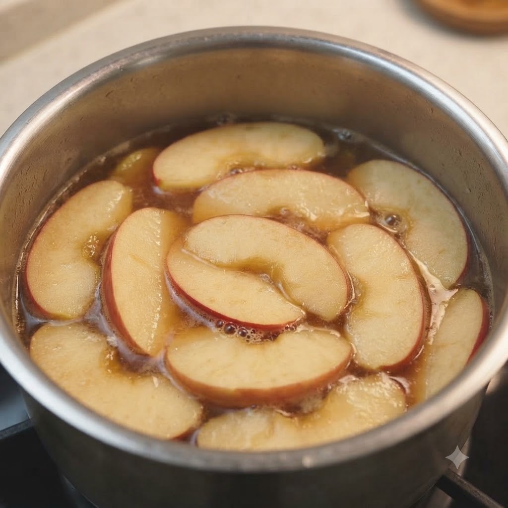 Des tranches de pommes flottant uniformément dans une marmite remplie de bouillon assaisonné.