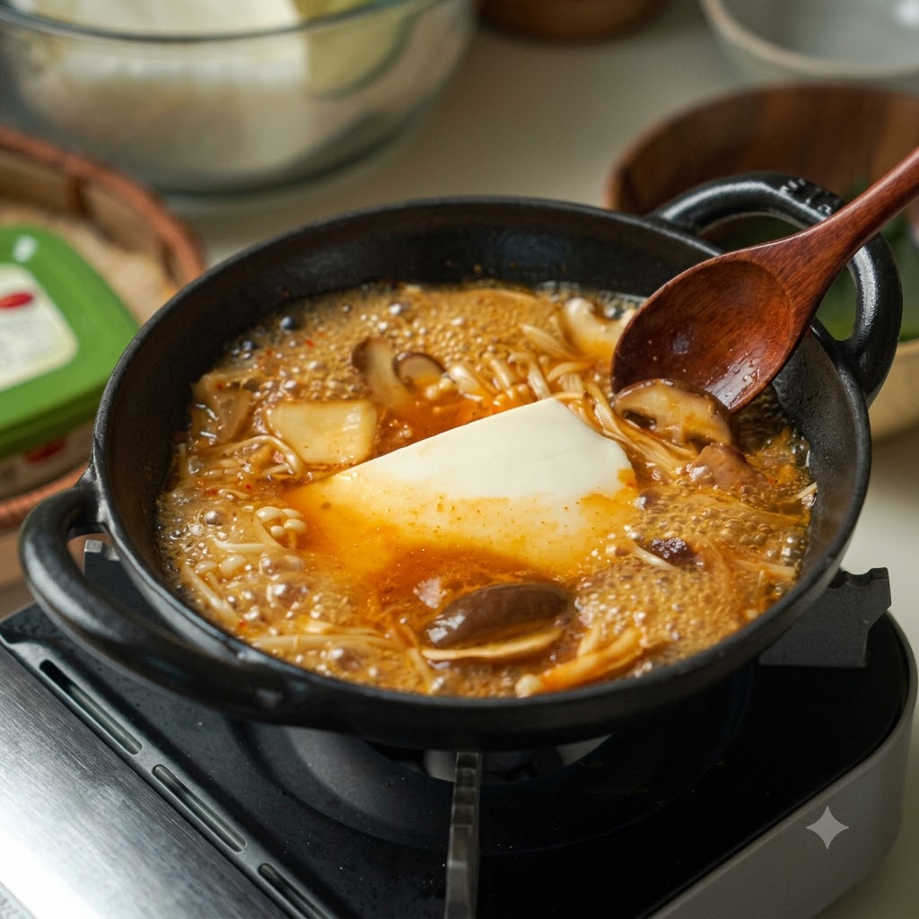 Un bloc de tofu et des champignons bouillant dans un bouillon sombre et savoureux à lintérieur dune cocotte en fonte.