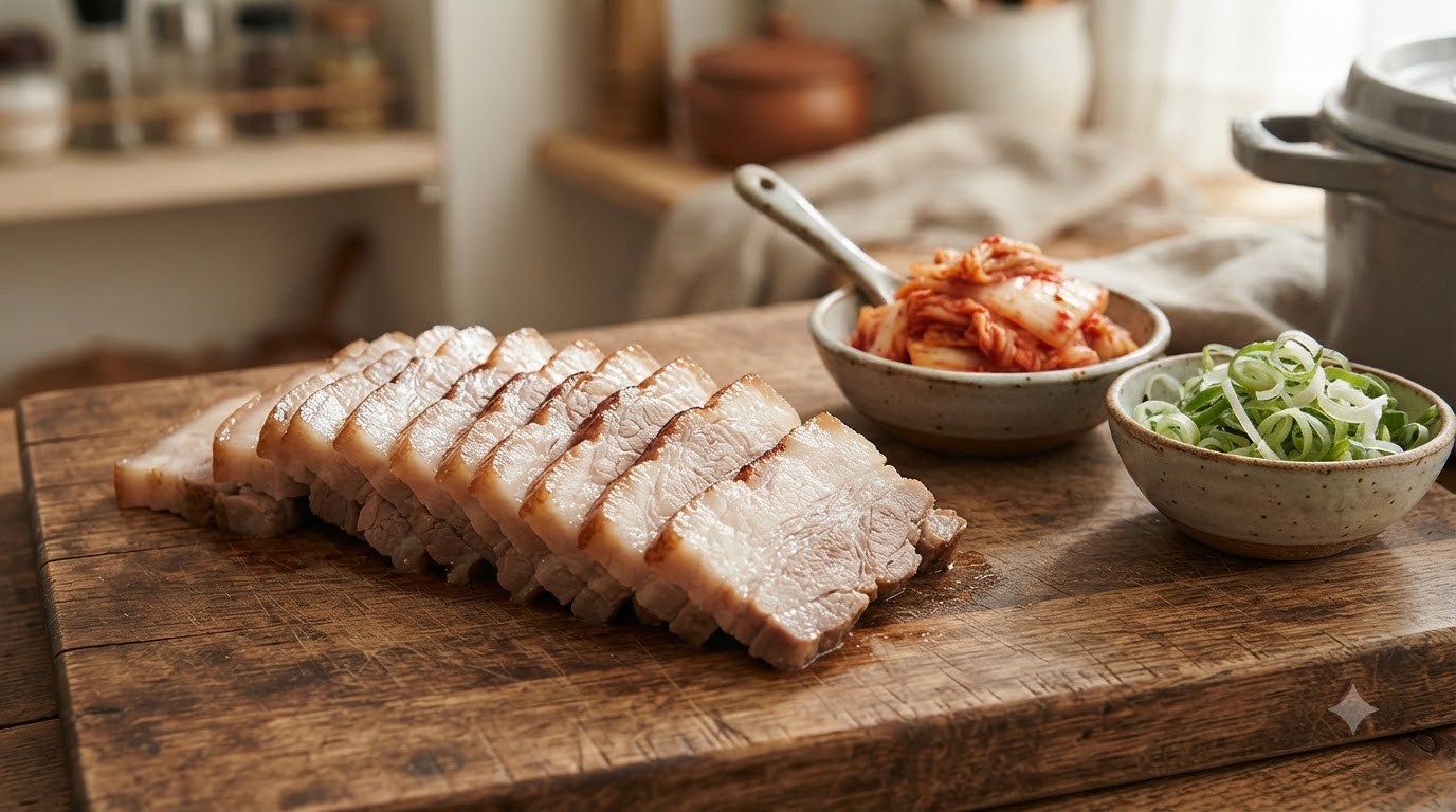 Tranche de Poitrine de Porc Bouillie Coréenne (Bossam) et Soupe de Tofu au Kimchi