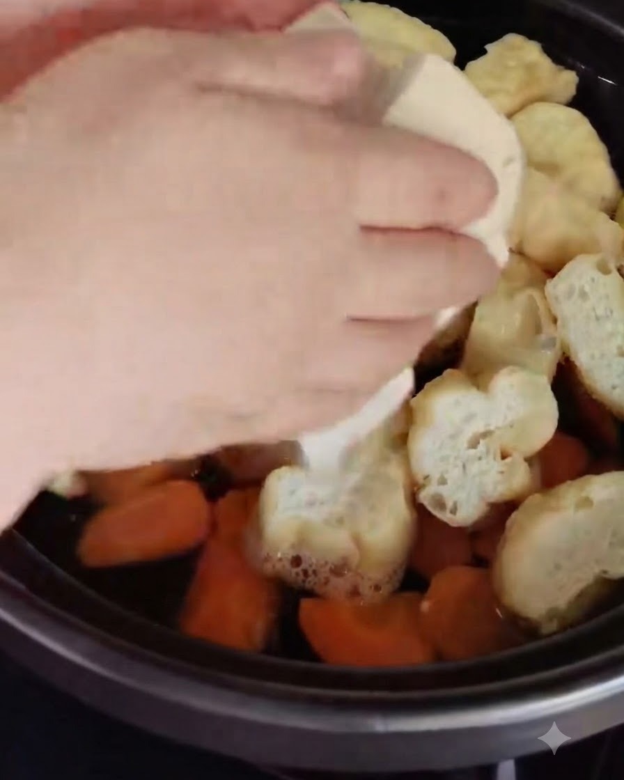 Des cubes de tofu blanc ajoutés dans la marmite.