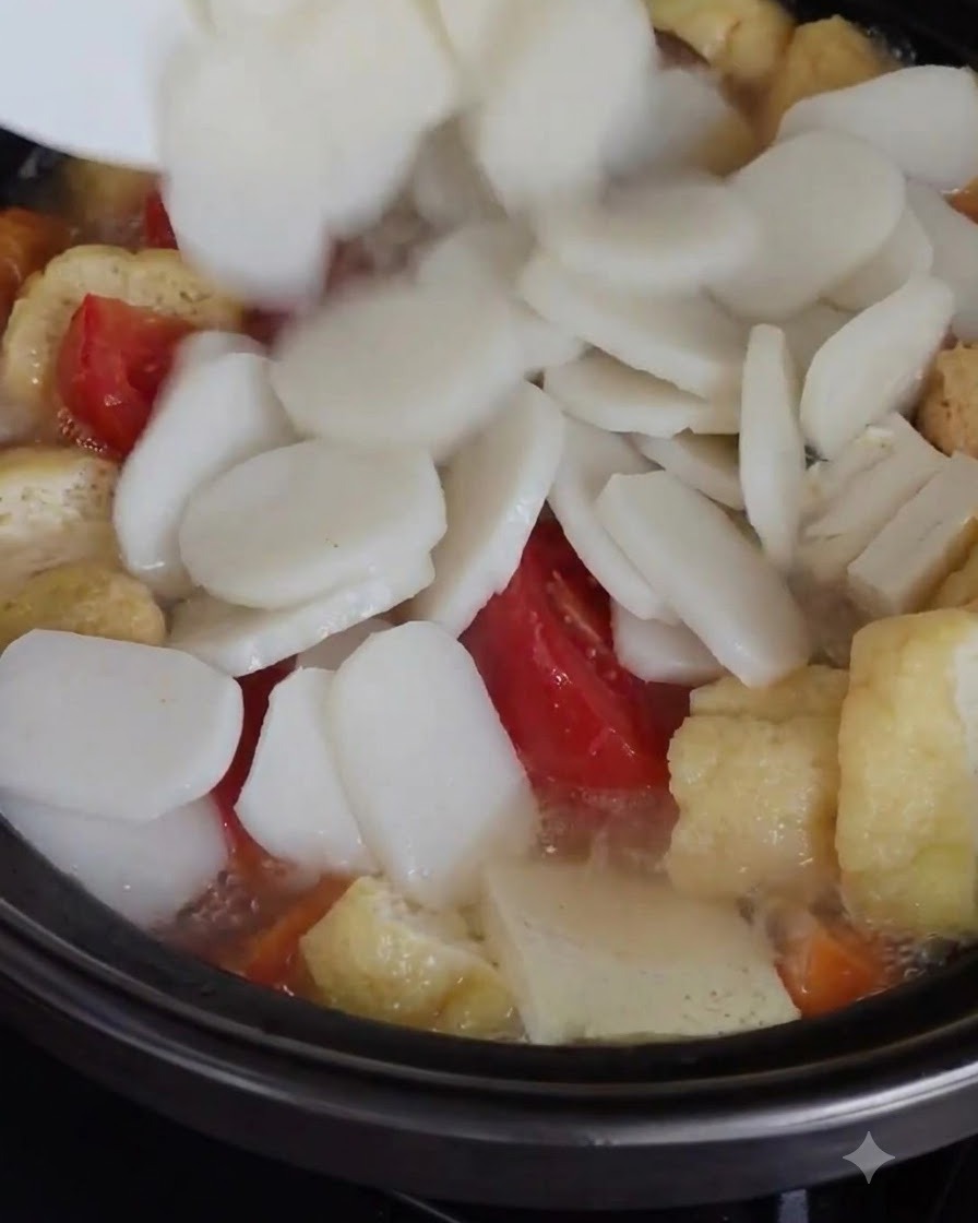 Tranches de gâteaux de riz ajoutées au bouillon frémissant et remuées avec une louche.