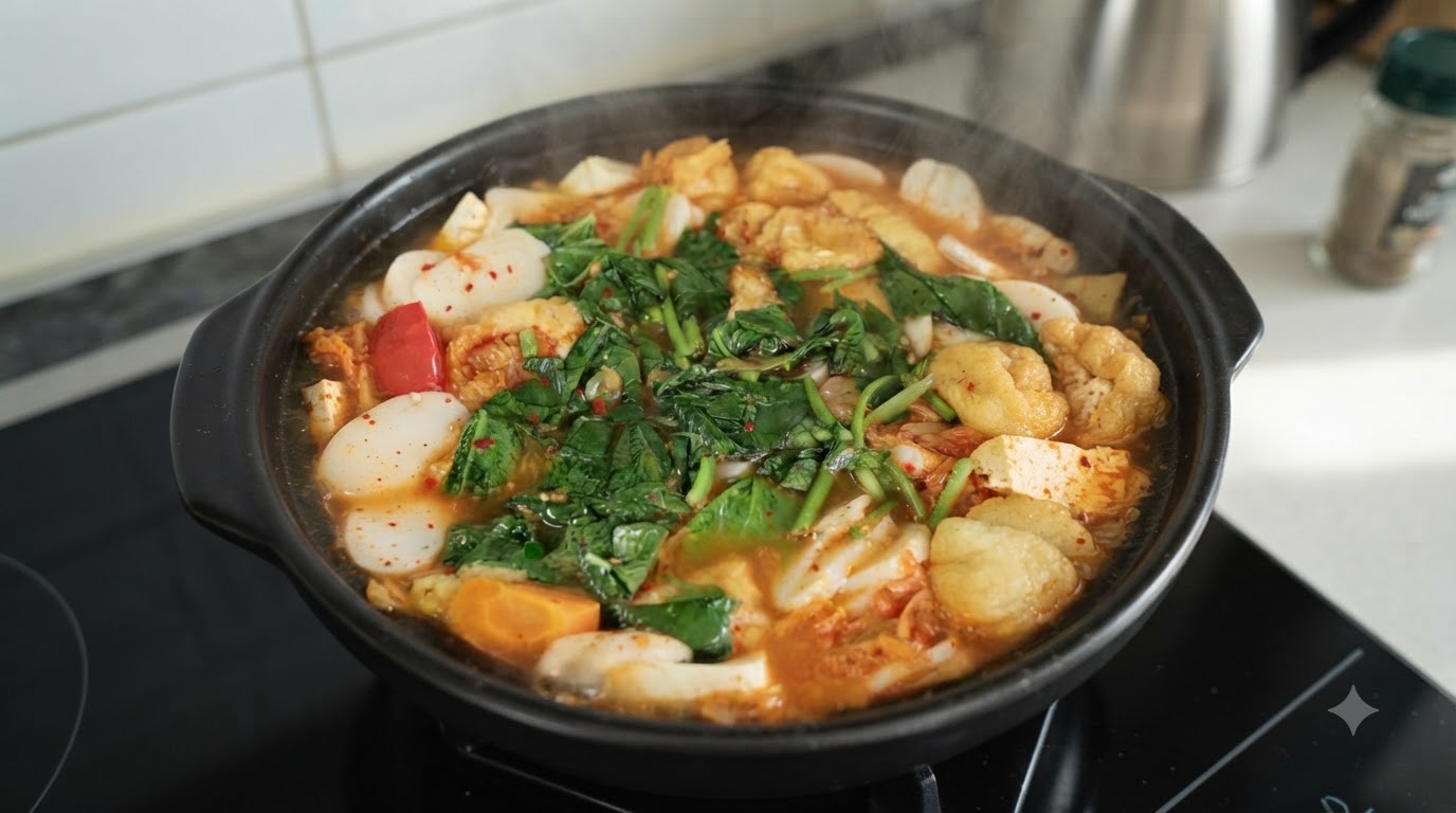 Une marmite noire fumante remplie de soupe au kimchi rougeoyante, accompagnée de garnitures vertes fraîches.