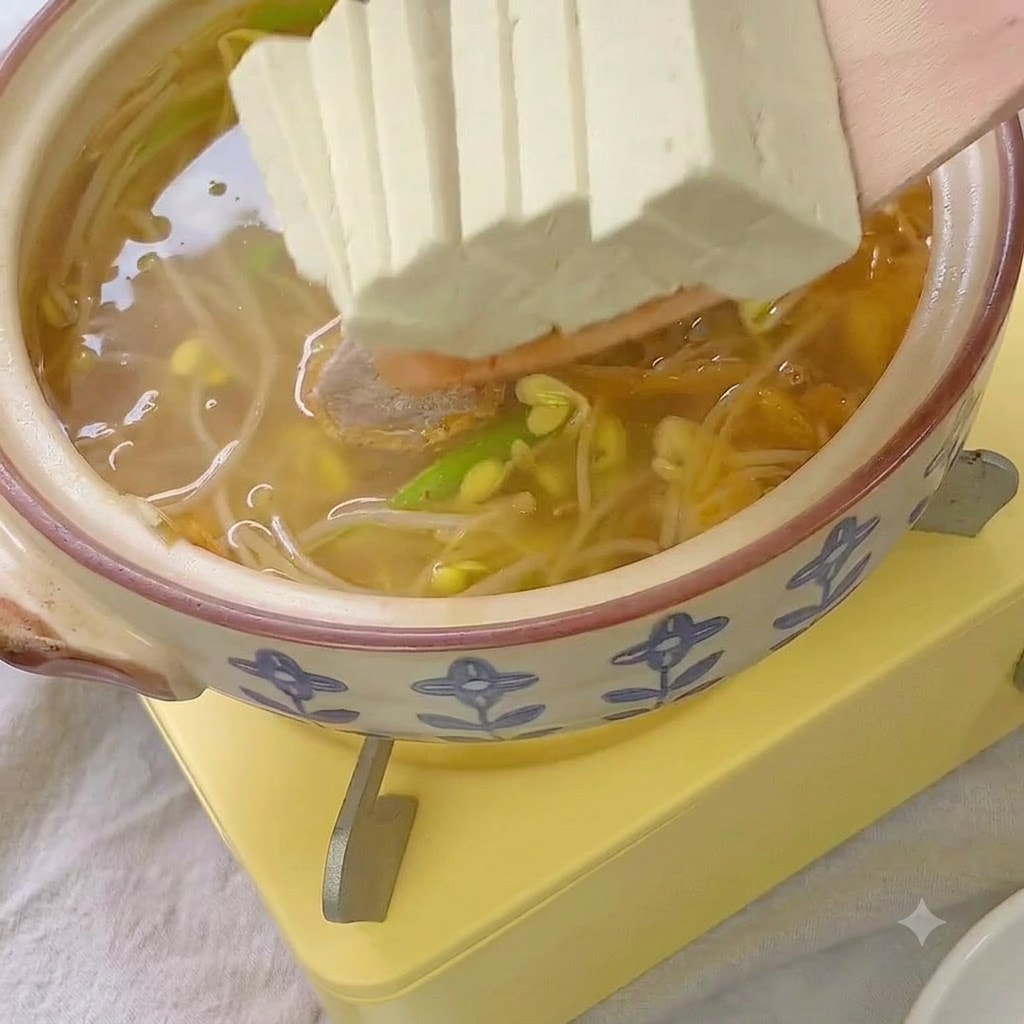 Tranches de tofu ferme et boulettes ajoutées dans le pot de bouillon.