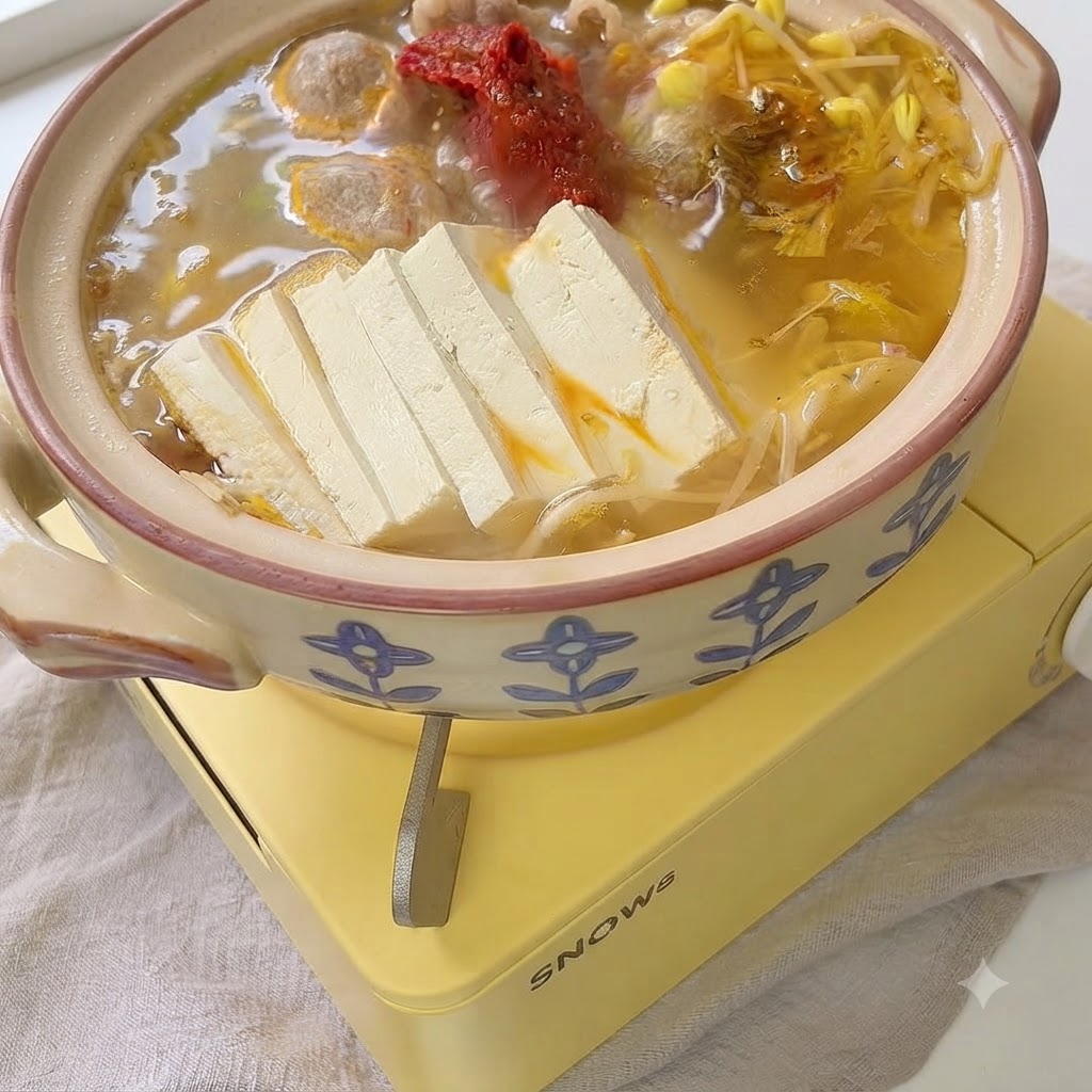 Pâte de piment coréenne et assaisonnements ajoutés dans le pot bouillonnant.