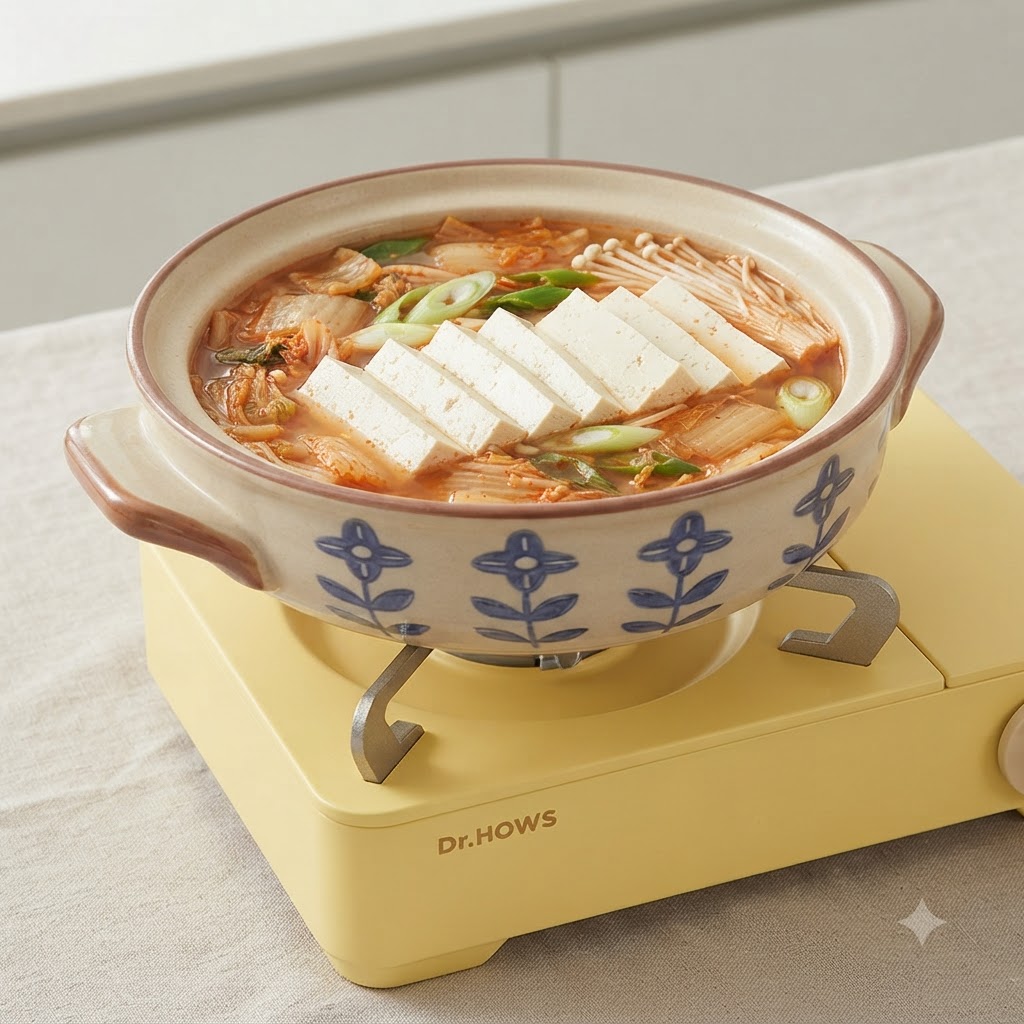 Champignons enoki frais et raviolis surgelés disposés proprement dans un pot de soupe coréenne mijotante.