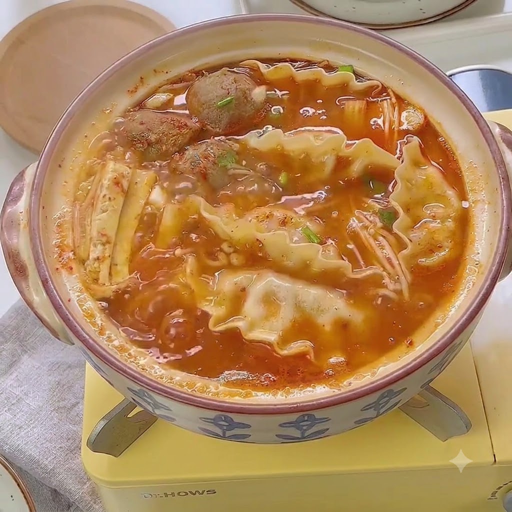 Un pot chaud de soupe coréenne au kimchi et aux raviolis garni doignons verts hachés et de graines de sésame blanc.