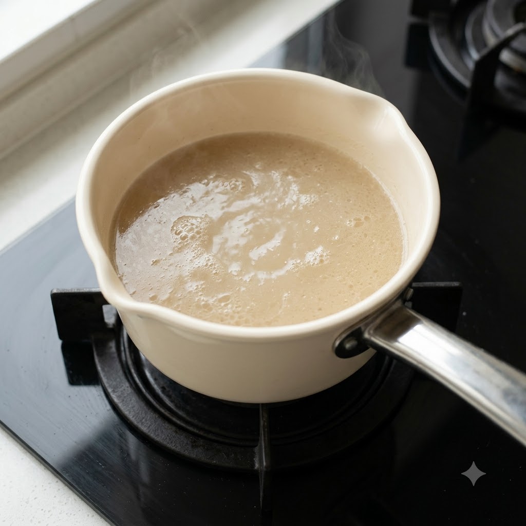 Une casserole de bouillon dos de bœuf laiteux mijotant sur une cuisinière.