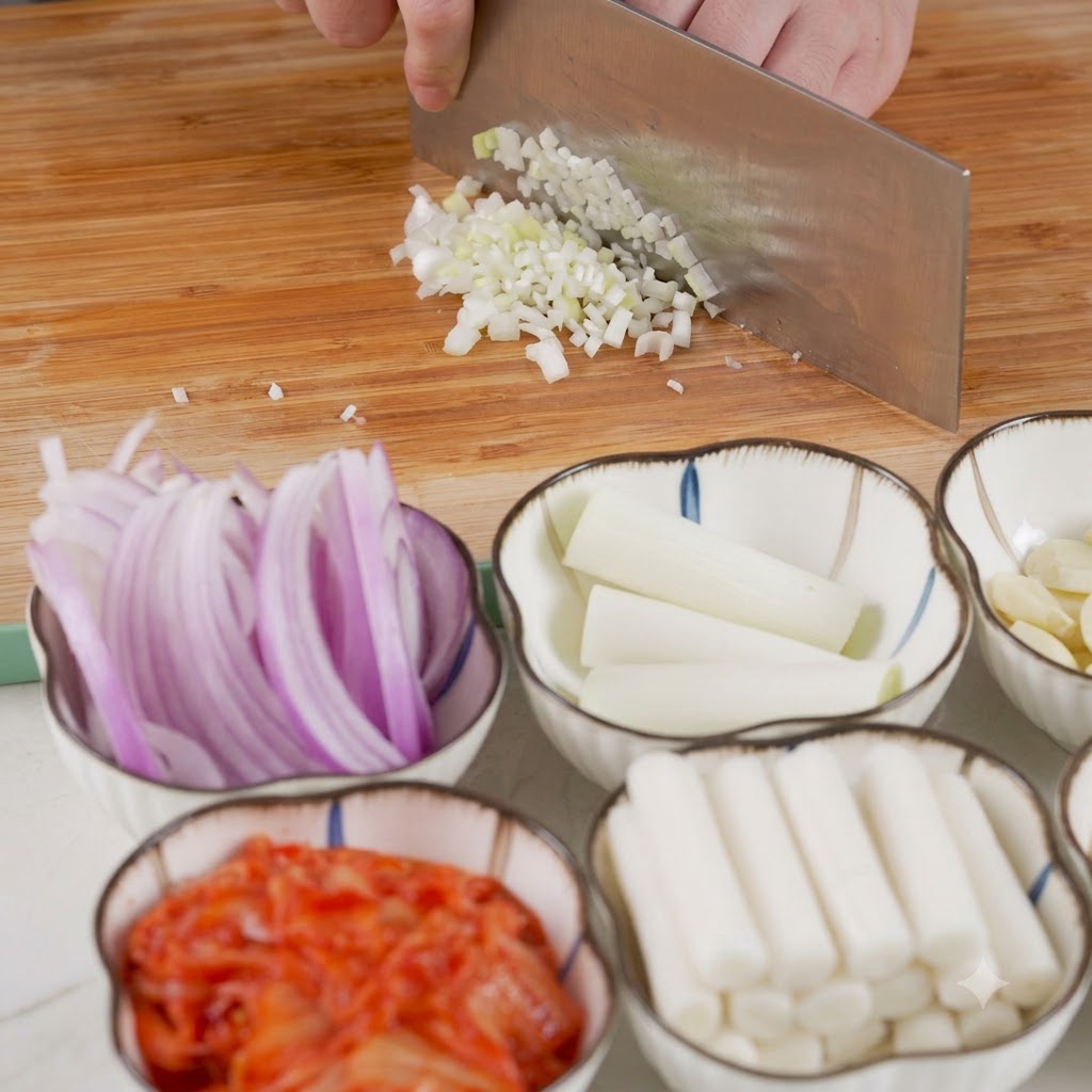 Un couteau de cuisine coupant des oignons verts sur une planche à découper en bois.