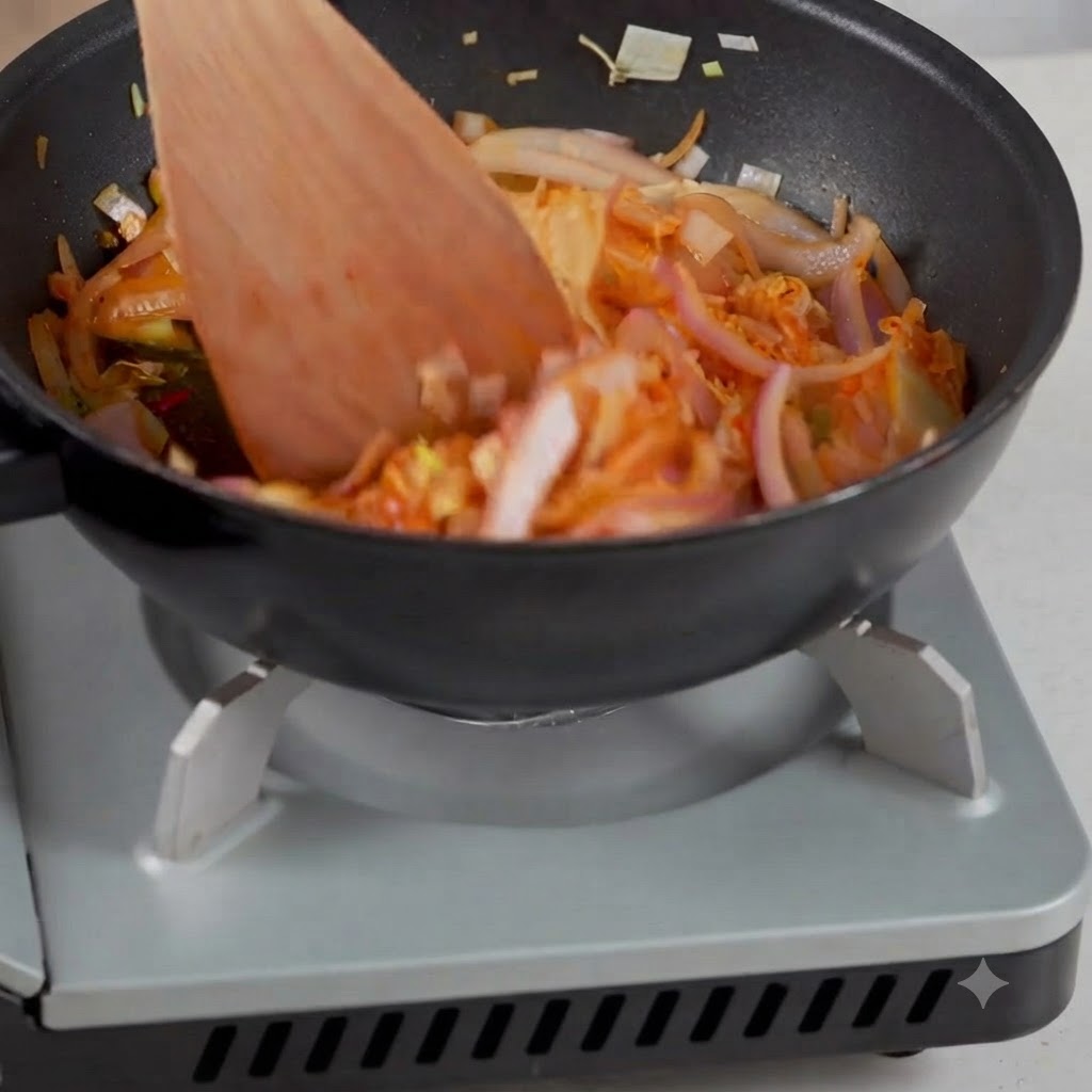 De leau versée dans une poêle avec le kimchi sauté et les oignons émincés.