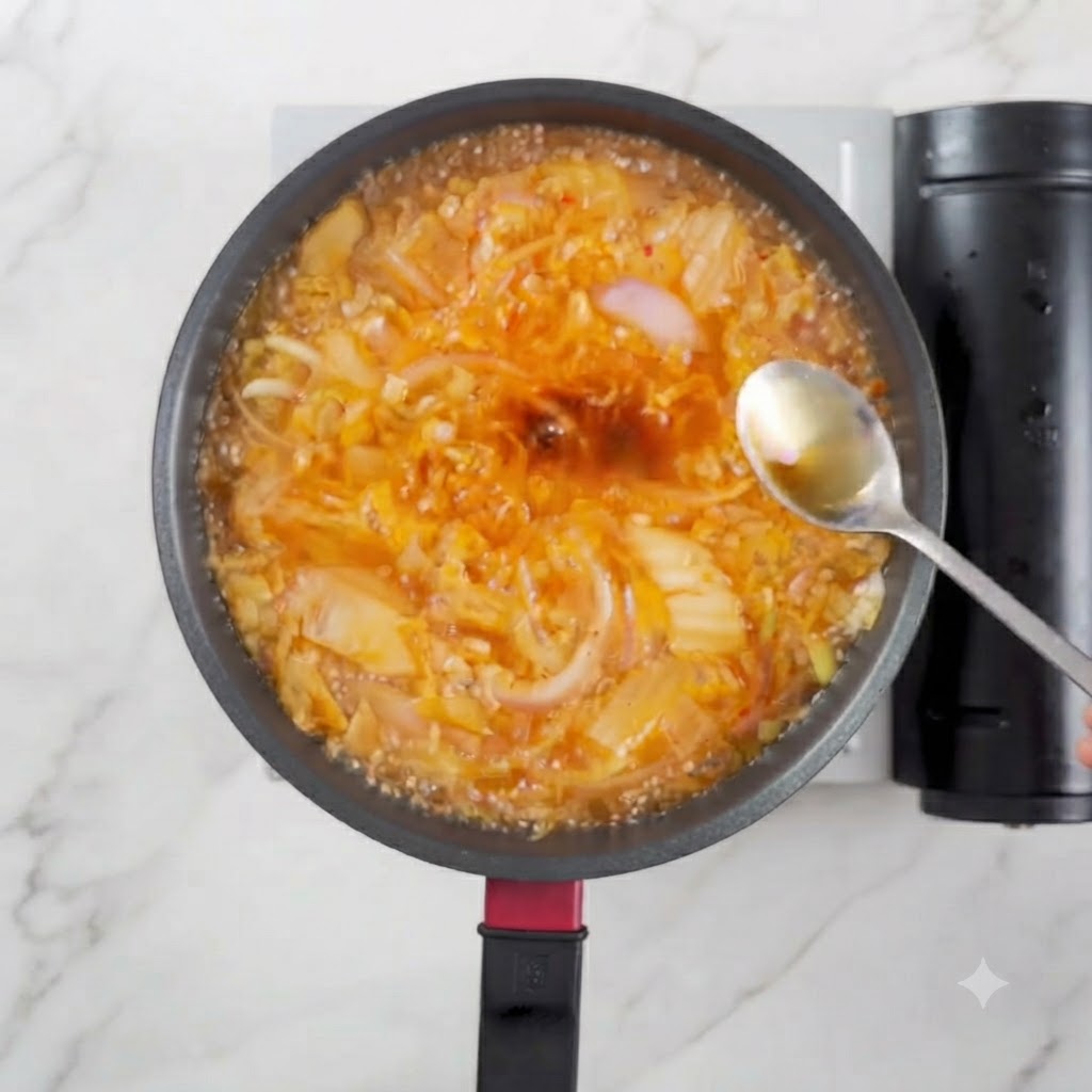 Une cuillère dhuile de sésame versée dans une casserole de soupe au kimchi frémissante.