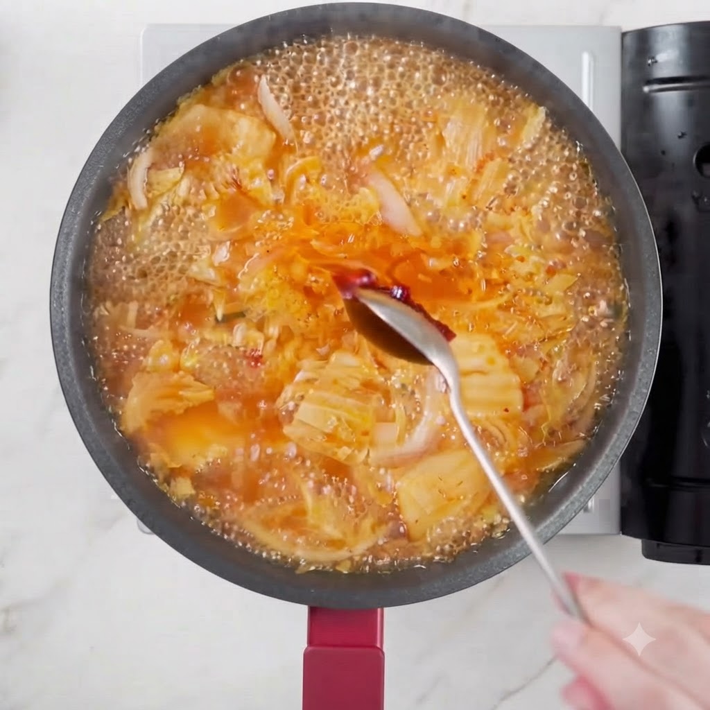 De la pâte pimentée coréenne sur une cuillère ajoutée au bouillon bouillonnant.