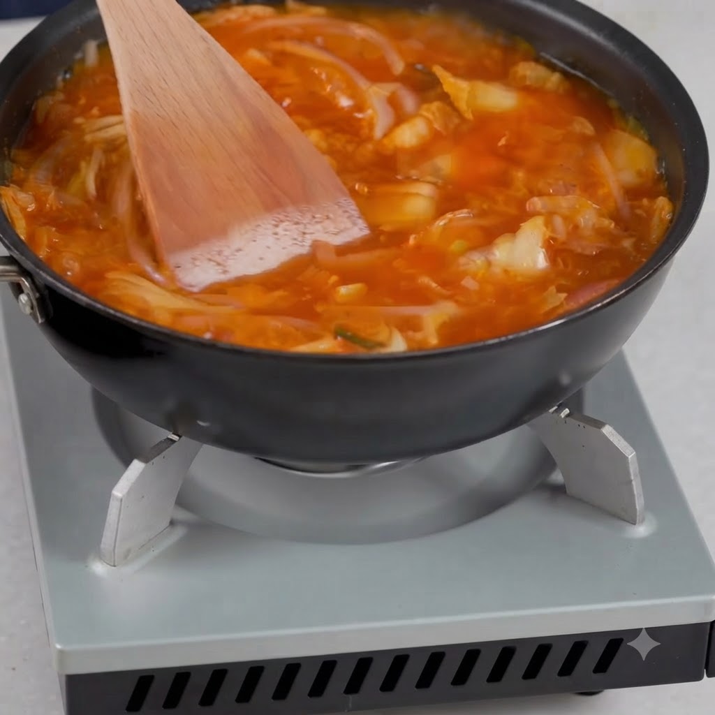 Les ingrédients de la soupe et les assaisonnements mélangés dans une poêle à laide dune spatule en bois.