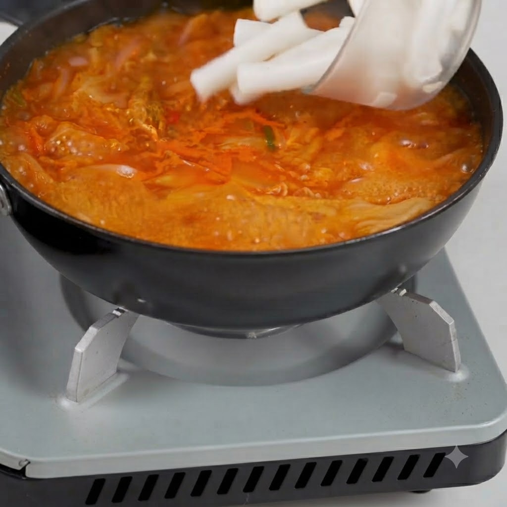 Des galettes de riz blanches pré-bouillies ajoutées directement dans une casserole de soupe au kimchi rouge bouillonne.