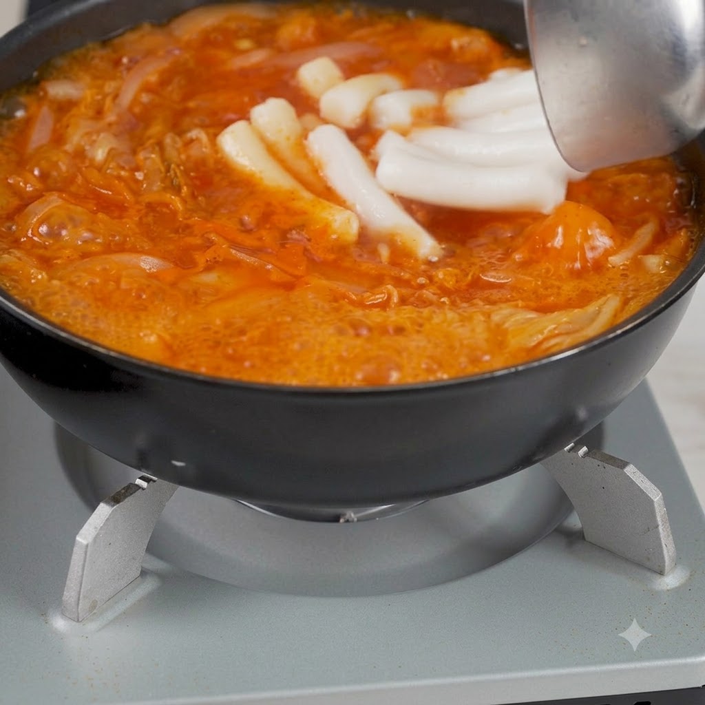 Des dumplings au kimchi coréens ajoutés dans la casserole à laide dun ustensile de cuisine.